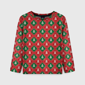 Детский лонгслив 3D с принтом Ёлочки (красно зелёные) в Белгороде, 100% полиэстер | длинные рукава, круглый вырез горловины, полуприлегающий силуэт
 | merry christmas | бабушкин свитер | дед мороз | ёлка | елочные шары | новогодний подарок | новый год | подарок | природа | рождество | свитер | свитер с ёлками | снежинки