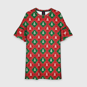 Детское платье 3D с принтом Ёлочки (красно зелёные) в Белгороде, 100% полиэстер | прямой силуэт, чуть расширенный к низу. Круглая горловина, на рукавах — воланы | Тематика изображения на принте: merry christmas | бабушкин свитер | дед мороз | ёлка | елочные шары | новогодний подарок | новый год | подарок | природа | рождество | свитер | свитер с ёлками | снежинки