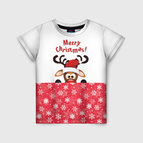 Детская футболка 3D с принтом Оленёнок (Merry Christmas) в Белгороде, 100% гипоаллергенный полиэфир | прямой крой, круглый вырез горловины, длина до линии бедер, чуть спущенное плечо, ткань немного тянется | merry christmas | santa claus | дед мороз | ёлка | зверь | зима | лось | мороз | новогодние олени | новый год | оленёнок бэмби | оленёнок рудольф | олень | подарок | празд | рождество | с новым годом | сантаклаус