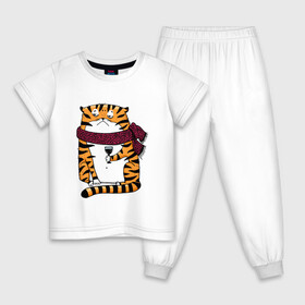 Детская пижама хлопок с принтом Недовольный тигр с бокалом вина в Белгороде, 100% хлопок |  брюки и футболка прямого кроя, без карманов, на брюках мягкая резинка на поясе и по низу штанин
 | Тематика изображения на принте: 2022 | год тигра | новый год | новый год 2022 | символ года | тигр | тигренок | тигрица | тигры