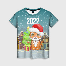 Женская футболка 3D с принтом Тигренок с елочкой в Белгороде, 100% полиэфир ( синтетическое хлопкоподобное полотно) | прямой крой, круглый вырез горловины, длина до линии бедер | Тематика изображения на принте: 2022 | год тигра | новый год | новый год 2022 | символ года | тигр | тигренок | тигрица | тигры