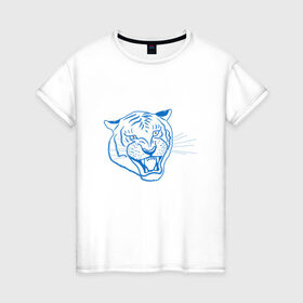 Женская футболка хлопок с принтом Контур головы синего тигра, арт лайн. в Белгороде, 100% хлопок | прямой крой, круглый вырез горловины, длина до линии бедер, слегка спущенное плечо | blue | head | holiday | mascot | new year | symbol | tiger | year of the tiger | арт лайн | год тигра | кошка | новогодний | новый год | праздник | символ | талисман