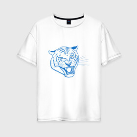 Женская футболка хлопок Oversize с принтом Контур головы синего тигра, арт лайн. в Белгороде, 100% хлопок | свободный крой, круглый ворот, спущенный рукав, длина до линии бедер
 | blue | head | holiday | mascot | new year | symbol | tiger | year of the tiger | арт лайн | год тигра | кошка | новогодний | новый год | праздник | символ | талисман