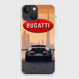 Чехол для iPhone 13 mini с принтом Bugatti на фоне Дубая ОАЭ с логотипом в Белгороде,  |  | bugatti chiron | bugatti veyron | бугатти | гиперкары | дубай | закат | оаэ | спортивные машины | спорткары