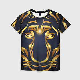 Женская футболка 3D с принтом Золотой символ года Тигр в Белгороде, 100% полиэфир ( синтетическое хлопкоподобное полотно) | прямой крой, круглый вырез горловины, длина до линии бедер | в чем встречать новый год | золотой узор | идея подарка на новый год | подарок на новый год | символ нового года | тигр золотой | тигр символ года 2022 | узоры из золота