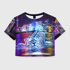 Женская футболка Crop-top 3D с принтом Плывущий неоновый тигр в Белгороде, 100% полиэстер | круглая горловина, длина футболки до линии талии, рукава с отворотами | год тигра | животные | неоновый тиг | плывущий тигр | тигр