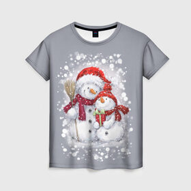 Женская футболка 3D с принтом Два снеговика в Белгороде, 100% полиэфир ( синтетическое хлопкоподобное полотно) | прямой крой, круглый вырез горловины, длина до линии бедер | 2022 | год тигра | новогодний подарок | новый год | подарок на новый год | снег | снеговик | снеговики