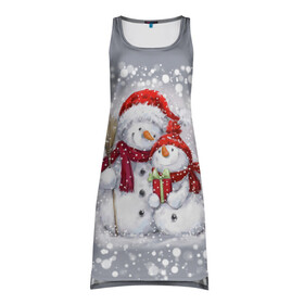 Платье-майка 3D с принтом Два снеговика в Белгороде, 100% полиэстер | полуприлегающий силуэт, широкие бретели, круглый вырез горловины, удлиненный подол сзади. | 2022 | год тигра | новогодний подарок | новый год | подарок на новый год | снег | снеговик | снеговики