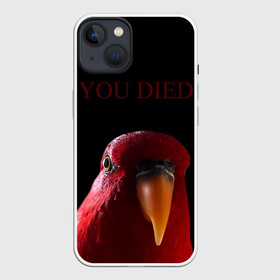 Чехол для iPhone 13 с принтом Красный попугай | Red parrot в Белгороде,  |  | 3 | bird | dark | gumi | hideaki utsumi | meme | parrot | red | souls | tiktok | wue | wuewuewue | вуе | дарк | красная | красный | мем | попугай | птица | соулс | тикоток | япония
