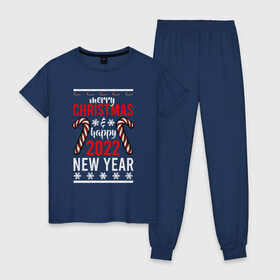 Женская пижама хлопок с принтом Happy 2022 NY в Белгороде, 100% хлопок | брюки и футболка прямого кроя, без карманов, на брюках мягкая резинка на поясе и по низу штанин | Тематика изображения на принте: 2022 | 2022 год | happy new year | santa | год тигра | дед мороз | каникулы | мороз | новогодний свитер | новый год | новый год 2022 | новый год тигра | оливье | праздник | рождество | санта клаус | свитер новогодний