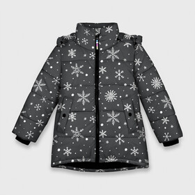 Зимняя куртка для девочек 3D с принтом Белые снежинки на сером фоне в Белгороде, ткань верха — 100% полиэстер; подклад — 100% полиэстер, утеплитель — 100% полиэстер. | длина ниже бедра, удлиненная спинка, воротник стойка и отстегивающийся капюшон. Есть боковые карманы с листочкой на кнопках, утяжки по низу изделия и внутренний карман на молнии. 

Предусмотрены светоотражающий принт на спинке, радужный светоотражающий элемент на пуллере молнии и на резинке для утяжки. | белый | зима | зимний | серый | снег | снежинки | темный