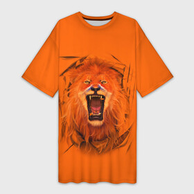 Платье-футболка 3D с принтом ЛЕВ СКВОЗЬ ТКАНЬ в Белгороде,  |  | animals | hunter | king | lion | вожак | дикие | животные | звери | клыки | король | лев | пасть | сила | ткань | хищник | царь | ярость