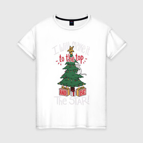 Женская футболка хлопок с принтом Cat on the tree в Белгороде, 100% хлопок | прямой крой, круглый вырез горловины, длина до линии бедер, слегка спущенное плечо | cat | christmas | garland | gifts | holiday | kitty | new year | star | tree | гирлянда | елка | звезда | кот | котик | кошка | новый год | подарки | праздник | рождество