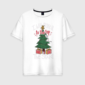 Женская футболка хлопок Oversize с принтом Cat on the tree в Белгороде, 100% хлопок | свободный крой, круглый ворот, спущенный рукав, длина до линии бедер
 | cat | christmas | garland | gifts | holiday | kitty | new year | star | tree | гирлянда | елка | звезда | кот | котик | кошка | новый год | подарки | праздник | рождество
