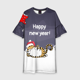 Детское платье 3D с принтом Happy New Year 2022 Тигр в Белгороде, 100% полиэстер | прямой силуэт, чуть расширенный к низу. Круглая горловина, на рукавах — воланы | 2022 | год тигра | новый год | новый год 2022 | символ года | тигр | тигренок | тигрица | тигры