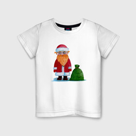 Детская футболка хлопок с принтом Дед Мороз с мешком в Белгороде, 100% хлопок | круглый вырез горловины, полуприлегающий силуэт, длина до линии бедер | Тематика изображения на принте: в очках | дед | дед мороз | мешок | мороз | новогодний | новый год | подарки | санта клаус