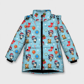 Зимняя куртка для девочек 3D с принтом GI Christmas Pattern в Белгороде, ткань верха — 100% полиэстер; подклад — 100% полиэстер, утеплитель — 100% полиэстер. | длина ниже бедра, удлиненная спинка, воротник стойка и отстегивающийся капюшон. Есть боковые карманы с листочкой на кнопках, утяжки по низу изделия и внутренний карман на молнии. 

Предусмотрены светоотражающий принт на спинке, радужный светоотражающий элемент на пуллере молнии и на резинке для утяжки. | Тематика изображения на принте: 2022 год | genshin impact | happy new year | каникулы | новый год | новый год 2022 | оливье | праздник | рождество | снег | снежинки