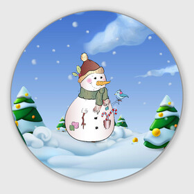 Круглый коврик для мышки с принтом Веселый Снеговичок в Белгороде, резина и полиэстер | круглая форма, изображение наносится на всю лицевую часть | 2022 | новогодний | новый год | рождество | снег | снеговик