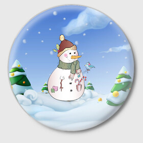 Значок с принтом Веселый Снеговичок в Белгороде,  металл | круглая форма, металлическая застежка в виде булавки | 2022 | новогодний | новый год | рождество | снег | снеговик