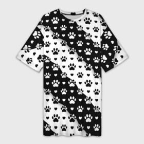 Платье-футболка 3D с принтом Следы от Лап в Белгороде,  |  | black white | chess | dog | dog pawprints | paws | животное | зверь | лапы | пёс | следы от лап | собака | собачьи следы от лап | хищник | чёрно белое | шахматка | щенок