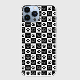 Чехол для iPhone 13 Pro Max с принтом Следы на Шахматном Фоне в Белгороде,  |  | black white | chess | dog | dog pawprints | paws | животное | зверь | лапы | пёс | следы от лап | собака | собачьи следы от лап | хищник | чёрно белое | шахматка | щенок