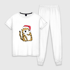 Женская пижама хлопок с принтом Удивленный новогодний тигр в Белгороде, 100% хлопок | брюки и футболка прямого кроя, без карманов, на брюках мягкая резинка на поясе и по низу штанин | 2022 | год тигра | новый год | новый год 2022 | символ года | тигр | тигренок | тигрица | тигры