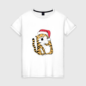 Женская футболка хлопок с принтом Удивленный новогодний тигр в Белгороде, 100% хлопок | прямой крой, круглый вырез горловины, длина до линии бедер, слегка спущенное плечо | 2022 | год тигра | новый год | новый год 2022 | символ года | тигр | тигренок | тигрица | тигры