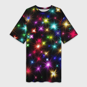 Платье-футболка 3D с принтом ПРАЗДНИЧНЫЕ ОГОНЬКИ в Белгороде,  |  | christmas | lights | new year | stars | гирлянда | звезды | зима | новый год | огни | праздник | разноцветные | текстура | яркие