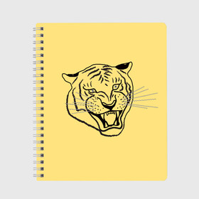 Тетрадь с принтом тигр на золотом фоне в Белгороде, 100% бумага | 48 листов, плотность листов — 60 г/м2, плотность картонной обложки — 250 г/м2. Листы скреплены сбоку удобной пружинной спиралью. Уголки страниц и обложки скругленные. Цвет линий — светло-серый
 | art line | chinese calendar | contour | golden | head | mascot | muzzle | new year | symbol | tiger | year of the tiger | арт лайн | год тигра | голова | золотой | китайский календарь | контур | новогодний | новый год | символ | талисман | тигр