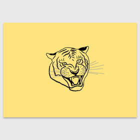 Поздравительная открытка с принтом тигр на золотом фоне в Белгороде, 100% бумага | плотность бумаги 280 г/м2, матовая, на обратной стороне линовка и место для марки
 | art line | chinese calendar | contour | golden | head | mascot | muzzle | new year | symbol | tiger | year of the tiger | арт лайн | год тигра | голова | золотой | китайский календарь | контур | новогодний | новый год | символ | талисман | тигр