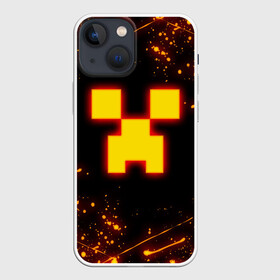 Чехол для iPhone 13 mini с принтом ОГНЕННЫЙ КРИПЕР, МАЙНКРАФТ в Белгороде,  |  | block | creeper | cube | fire | flame | minecraft | pixel | tnt | блок | гаст | геометрия | крафт | крипер | кубики | майнкрафт | огонь | пиксели | пламя | тнт