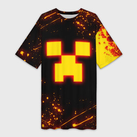 Платье-футболка 3D с принтом ОГНЕННЫЙ КРИПЕР, МАЙНКРАФТ в Белгороде,  |  | block | creeper | cube | fire | flame | minecraft | pixel | tnt | блок | гаст | геометрия | крафт | крипер | кубики | майнкрафт | огонь | пиксели | пламя | тнт