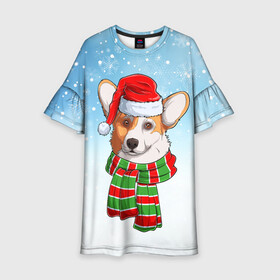 Детское платье 3D с принтом Новогодний Корги   New Years Corgi в Белгороде, 100% полиэстер | прямой силуэт, чуть расширенный к низу. Круглая горловина, на рукавах — воланы | christmas | corgi | dog | santa | дед мороз | елка | зима | корги | новый год | рождество | санта | снег | снегурочка | снежинка | собака | собачка | щенок