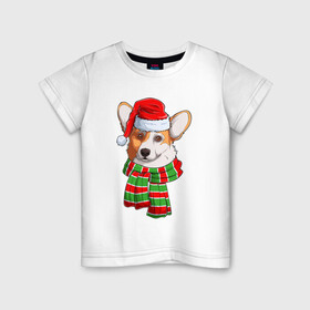 Детская футболка хлопок с принтом Новогодний Вельш корги в Белгороде, 100% хлопок | круглый вырез горловины, полуприлегающий силуэт, длина до линии бедер | christmas | corgi | dog | santa | дед мороз | елка | зима | корги | новый год | рождество | санта | снег | снегурочка | снежинка | собака | собачка | щенок