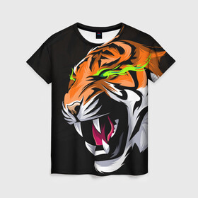 Женская футболка 3D с принтом Тигр, с зелеными глазами в Белгороде, 100% полиэфир ( синтетическое хлопкоподобное полотно) | прямой крой, круглый вырез горловины, длина до линии бедер | 2022 | amur tiger | beast | fangs | happy new year | merry christmas | new year | predator | snow | stars | stern grin | stern look | winter | year of the tiger | амурский тигр | год тигра | зверь | зима | клыки | новый год | снег | суровый взгл