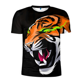 Мужская футболка 3D спортивная с принтом Тигр, с зелеными глазами в Белгороде, 100% полиэстер с улучшенными характеристиками | приталенный силуэт, круглая горловина, широкие плечи, сужается к линии бедра | 2022 | amur tiger | beast | fangs | happy new year | merry christmas | new year | predator | snow | stars | stern grin | stern look | winter | year of the tiger | амурский тигр | год тигра | зверь | зима | клыки | новый год | снег | суровый взгл