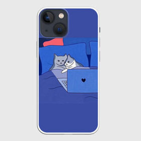 Чехол для iPhone 13 mini с принтом Милые коты с ноутбуком в Белгороде,  |  | cat | cats | mem | with cat | в обнимку | вобнимку | забавный | из мема | кот | кота | коты | коты лежат | лежат | лежачие коты | лежачий | лежащие коты | лежащий | мем | мемные | мемы | милые | мяу | нарисованные