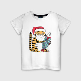 Детская футболка хлопок с принтом Тигр с большой рыбой в Белгороде, 100% хлопок | круглый вырез горловины, полуприлегающий силуэт, длина до линии бедер | 2022 | год тигра | новый год | новый год 2022 | символ года | тигр | тигренок | тигрица | тигры