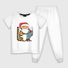 Детская пижама хлопок с принтом Тигр с большой рыбой в Белгороде, 100% хлопок |  брюки и футболка прямого кроя, без карманов, на брюках мягкая резинка на поясе и по низу штанин
 | 2022 | год тигра | новый год | новый год 2022 | символ года | тигр | тигренок | тигрица | тигры