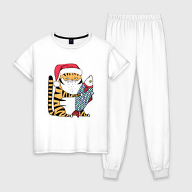 Женская пижама хлопок с принтом Тигр с большой рыбой в Белгороде, 100% хлопок | брюки и футболка прямого кроя, без карманов, на брюках мягкая резинка на поясе и по низу штанин | 2022 | год тигра | новый год | новый год 2022 | символ года | тигр | тигренок | тигрица | тигры