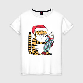 Женская футболка хлопок с принтом Тигр с большой рыбой в Белгороде, 100% хлопок | прямой крой, круглый вырез горловины, длина до линии бедер, слегка спущенное плечо | 2022 | год тигра | новый год | новый год 2022 | символ года | тигр | тигренок | тигрица | тигры