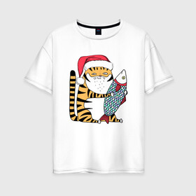 Женская футболка хлопок Oversize с принтом Тигр с большой рыбой в Белгороде, 100% хлопок | свободный крой, круглый ворот, спущенный рукав, длина до линии бедер
 | 2022 | год тигра | новый год | новый год 2022 | символ года | тигр | тигренок | тигрица | тигры