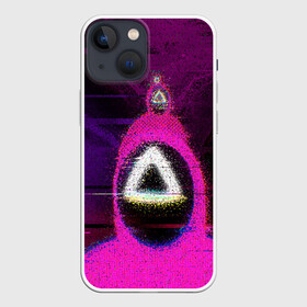 Чехол для iPhone 13 mini с принтом Squid game glitch в Белгороде,  |  | abstraction | glitch | squid game | абстракция | глитч | глич | игра в кальмара | игра кальмара | маска | маска с треугольником | разводы | розовый костюм | треугольник | узоры