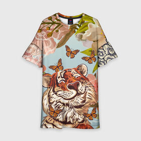 Детское платье 3D с принтом Тигр и бабочки в Белгороде, 100% полиэстер | прямой силуэт, чуть расширенный к низу. Круглая горловина, на рукавах — воланы | Тематика изображения на принте: 2022 | 2022 тигр | бабочка | бабочка и тигр | бабочки | восточный тигр | восточный узор | иероглиф тигра | китай | китайский пейзаж | китайский тигр | новый год | тигр | тигр 2022 | тигр и бабочка