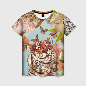 Женская футболка 3D с принтом Тигр и бабочки в Белгороде, 100% полиэфир ( синтетическое хлопкоподобное полотно) | прямой крой, круглый вырез горловины, длина до линии бедер | 2022 | 2022 тигр | бабочка | бабочка и тигр | бабочки | восточный тигр | восточный узор | иероглиф тигра | китай | китайский пейзаж | китайский тигр | новый год | тигр | тигр 2022 | тигр и бабочка