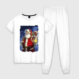 Женская пижама хлопок с принтом Santa Claus shines a lantern в Белгороде, 100% хлопок | брюки и футболка прямого кроя, без карманов, на брюках мягкая резинка на поясе и по низу штанин | beard | blizard | eyes | holiday | lantern | merry christmas | moustache | new year | santa klaus | snow | борода | глаза | дед мороз | новый год | очки | праздник | пурга | рождество | снег | усы | фонарь