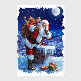 Магнитный плакат 2Х3 с принтом Дед Мороз с подарками на крыше в Белгороде, Полимерный материал с магнитным слоем | 6 деталей размером 9*9 см | Тематика изображения на принте: beard | chimney | gifts | icicles | moustache | new year | night | roof | santa klaus | snow | winter | борода | дед мороз | зима | крыша | новый год | ночь | подарки | снег | сосульки | труба | усы