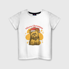 Детская футболка хлопок с принтом Merry Christmas в Белгороде, 100% хлопок | круглый вырез горловины, полуприлегающий силуэт, длина до линии бедер | art | christmas | dog | drawing | hat | new year | stars | арт | звезды | новый год | пес | рисунок | рождество | собака | собака в шапке