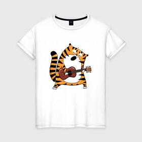 Женская футболка хлопок с принтом Тигр играет на гитаре в Белгороде, 100% хлопок | прямой крой, круглый вырез горловины, длина до линии бедер, слегка спущенное плечо | Тематика изображения на принте: 2022 | год тигра | новый год | новый год 2022 | символ года | тигр | тигренок | тигрица | тигры