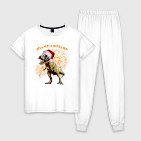 Женская пижама хлопок с принтом Новогодний шампанозавр в Белгороде, 100% хлопок | брюки и футболка прямого кроя, без карманов, на брюках мягкая резинка на поясе и по низу штанин | Тематика изображения на принте: бокалы | динозавр | праздник | салют | шапка